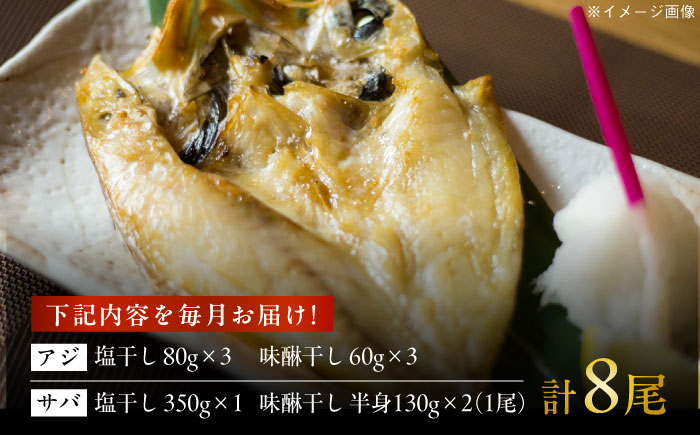【12回定期便】一夜干し 4種（アジ/サバ）計8尾 五島市/愛情食彩[PCH036]
