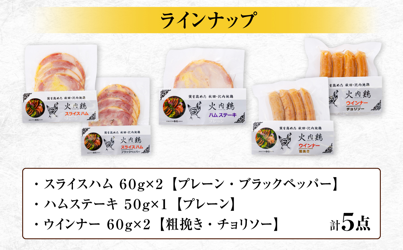 比内地鶏　火内鶏ハム・ウィンナー5点セット【(株)あきた六次会】