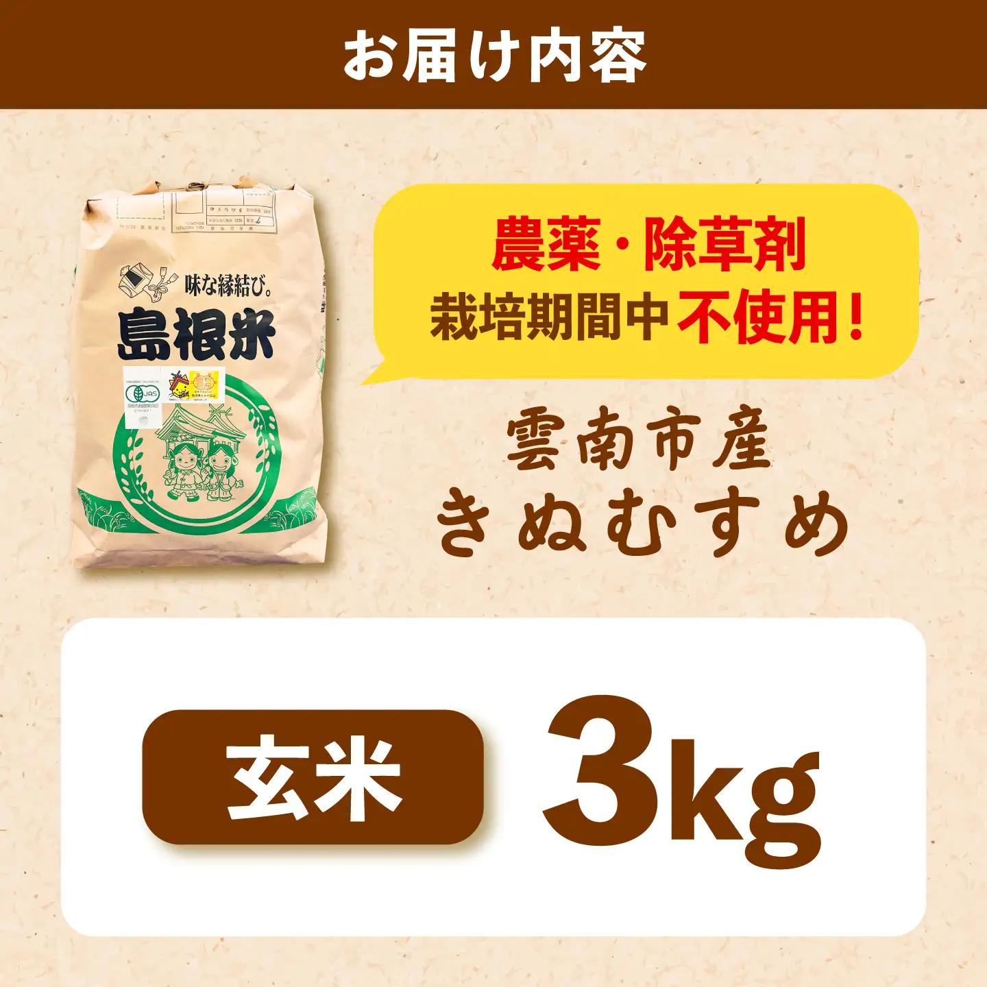 【有機JAS認定】令和7年産 玄米 雲南市産きぬむすめ 3kg 島根県雲南市/佐藤ファーム ｜玄米 コメ 有機栽培 完全無農薬 美味しまね認証[AIEO005]