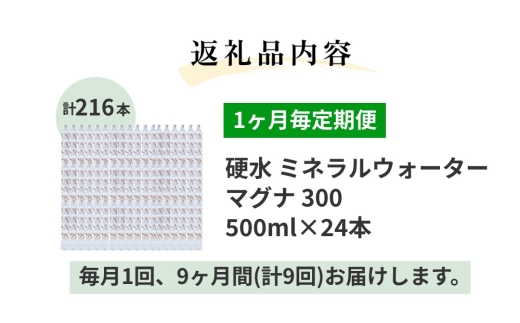 【1ヶ月毎9回定期便】 硬水ミネラルウォーターマグナ300 500ml 計216本 （24本×9回）