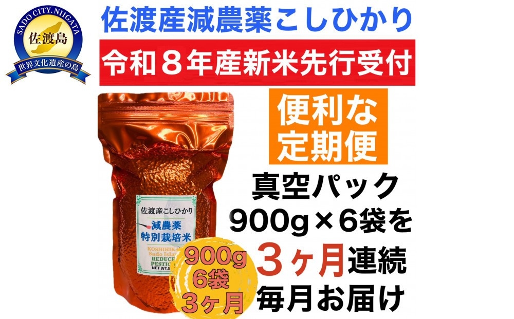 
                  【先行予約 3か月定期便 令和8年産新米】佐渡島産コシヒカリ 特別栽培米 真空パック900g×6袋を毎月 全3回 単一原料米 | 新潟県産コシヒカリ 新潟産コシヒカリ 佐渡産コシヒカリ 新潟県産こしひかり 佐渡産こしひかり トキ 朱鷺 お米 米 こしひかり 白米 精米 真空パック 小分け にいがた さど 新潟県 佐渡市
                