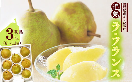 《先行予約》令和8年産 山形セレクション認定品 洋梨「追熟 ラ・フランス 」秀品 3kg（8 - 11玉） サイズおまかせ 山形県産 【2026年10月末頃から2027年1月頃発送予定】　2026年産 山形産　012-B-MM025