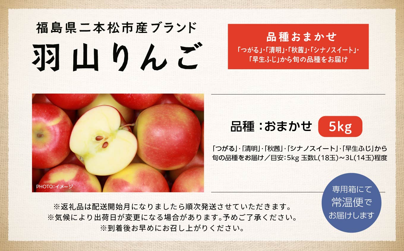 《2025年9月下旬以降発送》羽山りんご品種おまかせ(早生・中早生)5Kg【羽山果樹組合】