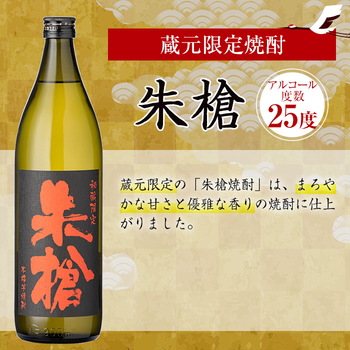 i978 ＜定期便・計3回(連続)＞神酒造蔵元限定「朱槍焼酎」の入った飲み比べ5本セット(各900ml×5本×3回)【神酒造】