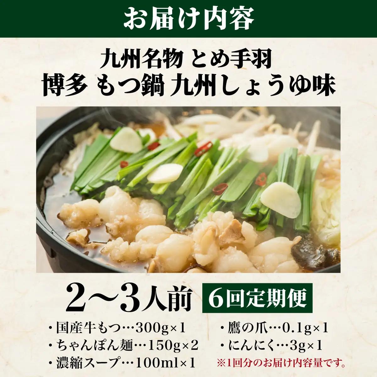 ＜定期便・全6回＞九州名物 とめ手羽 博多 もつ鍋 セット 九州しょうゆ味 2-3人前