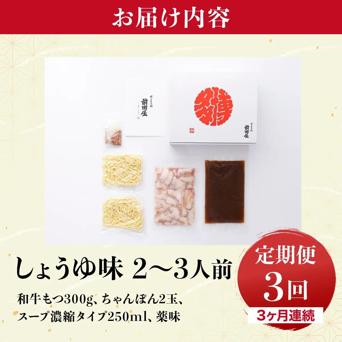 ＜定期便3回 毎月お届け＞博多もつ鍋前田屋 しょうゆ味2～3人前【LF011】