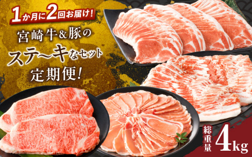 ≪定期便≫＼1か月に2回お届け!!／宮崎牛＆豚のステ～キなセット【総重量4kg】 肉 牛 牛肉 焼肉 国産_T030-158