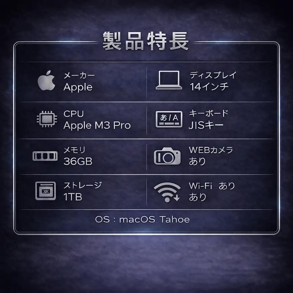 【整備済｜法人リースアップ品】MacBook Pro 14インチ M3 Pro/ 36GB / 1TB SSD｜良好コンディション・動作確認済｜★化粧箱付き【現品限り】　796-01ts