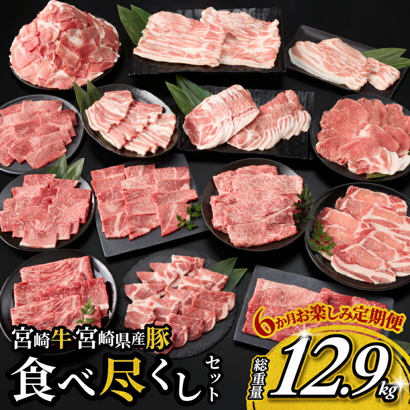 【ふるさと納税】6か月 お楽しみ 定期便 宮崎牛 宮崎県産豚 食べ尽くし セット 総重量12.9kg 数量限定 6回 肉 牛肉 豚肉 国産 食品 黒毛和牛 小分け ロース 豚バラ 小間切れ スライス 焼肉 しゃぶしゃぶ すき焼き おかず 冷凍 おすすめ ギフト 宮崎県 日南市 送料無料