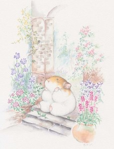 白木フレーム入りハムスター版画「まちぼうけ」絵本作家おまたたかこジークレー版画