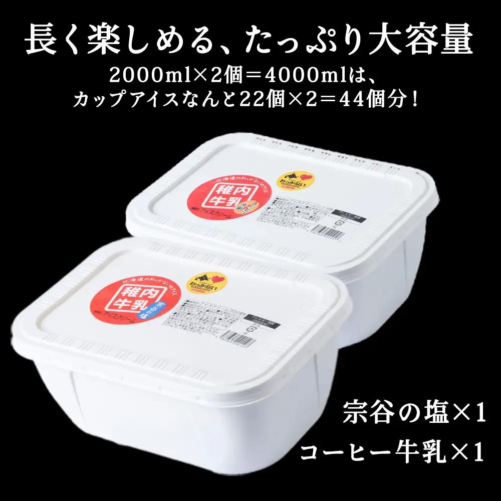 【業務用】稚内牛乳アイスクリーム2000ml宗谷の塩×コーヒー牛乳2個セット【配送不可地域：離島・沖縄県】