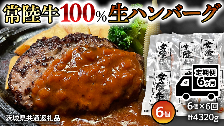 【茨城県共通返礼品】【6ヶ月定期便】 黒毛和牛 常陸牛 100% 特製 プレミアム 生ハンバーグ 120g×6個入り 合計720g 八千代町産 白菜 使用 無添加 無着色 保存料不使用 冷凍 牛 牛肉 [AU056ya]