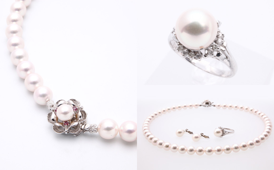 【限定1点】あこや真珠 (8−8.5mm珠) ネックレス・イヤリング (またはピアス)・リング3点セット クラスプK14WGルビー付き ／ 選べる ジュエリー アクセサリー パール 長崎県 長崎市 園