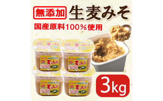 
無添加生麦みそ 3kg 750g ×4パック 味噌 みそ 麦みそ 無添加 生 味噌汁 みそ汁 大豆 麦 スープ 調味料 減塩 甘口 糀 こうじ 田舎 国産 愛媛 愛南町 マルマサ醤油
