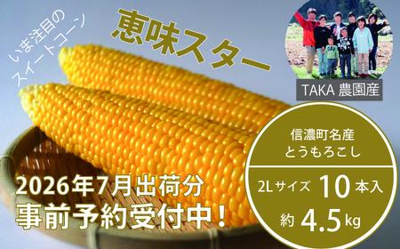 【2026年夏の予約受付開始！】TAKA農園『恵味（めぐみ）スター』2Lサイズ（1本450ｇ相当）×10本セット、約4.5kg｜信濃町名産とうもろこし／スイートコーンの人気品種を事前予約限定で受付中！ 令和8年7月15～25日の限定出荷予定【長野県信濃町ふるさと納税】