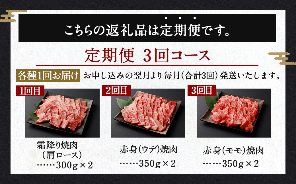 ＜宮崎牛 焼肉 定期便3回＞お申込みの翌月下旬頃に第一回目発送（12月は中旬頃） 総計2kg 宮崎牛 スライス 黒毛和牛 国産牛 お肉 牛肉 霜降り 赤身 ウデ モモ ロース 肩ロース 焼き肉 BBQ