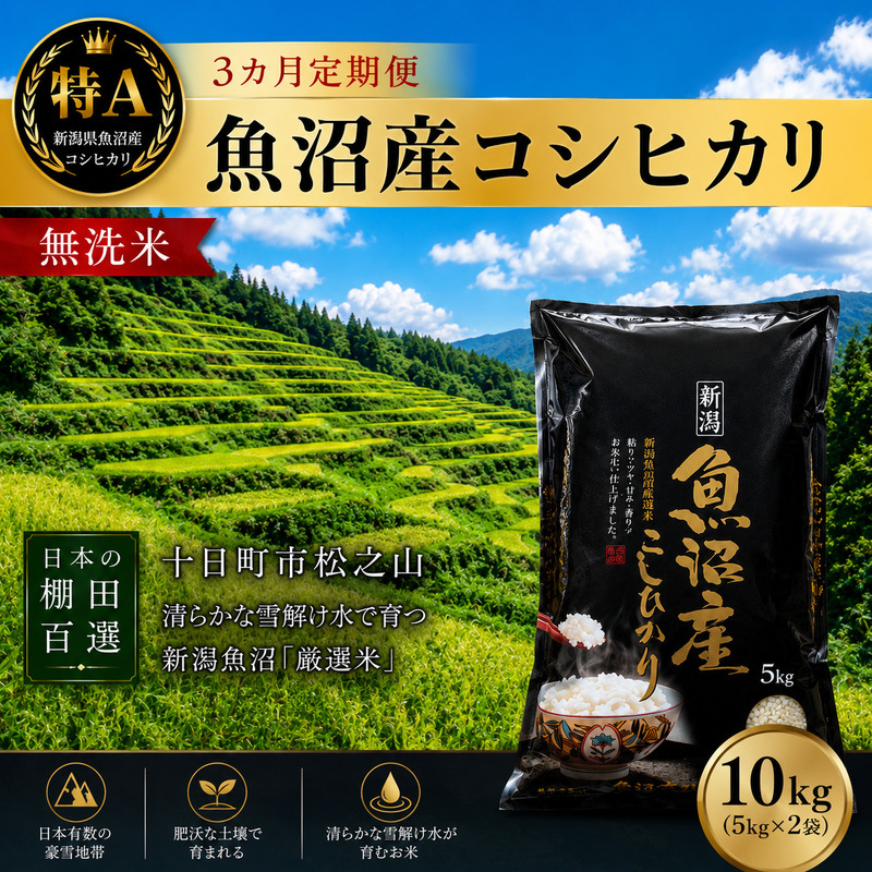 【令和7年産】【食味鑑定士厳選】 無洗米 3カ月 定期便 日本棚田百選のお米 天空の里 魚沼産 こしひかり 10kg(5kg×2)×3回 米 お米 コメ