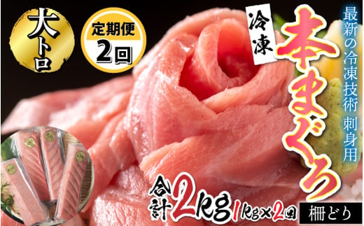 
【定期便】【2ヶ月連続お届け】 刺身用！本マグロ大トロ（柵どり） 1kg × 2回 【最新の冷凍技術】[I-11004]
