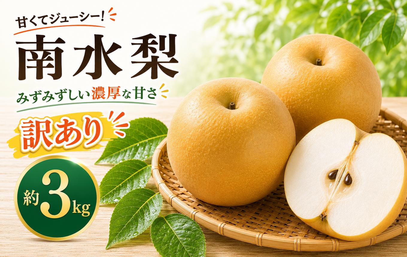 
                  【訳あり】先行受付 南水 梨 約3kg ［新規就農者応援コース 幸作会］【2026年9月中旬～10月中旬発送】｜梨 なし 南水 フルーツ 果物 ワケアリ 傷 キズ 不揃い 規格外 家庭用 長野県産 信州 小布施町 ［K-41］
                