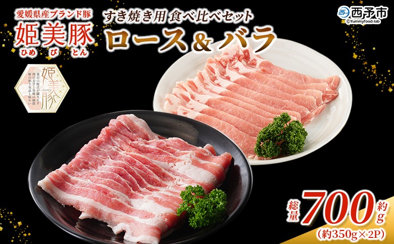 
                  ＜愛媛県産 姫美豚 ロース＆バラ すき焼き用食べ比べセット 約700g（350g×2P）＞ ひめびとん 豚肉 ブランド豚 ロース バラ 国産 セット すきやき ごちそう ジューシー 真空冷凍 簡単調理 特産品 木村屋精肉店 西予市【冷凍】『1か月以内に順次出荷予定』
                