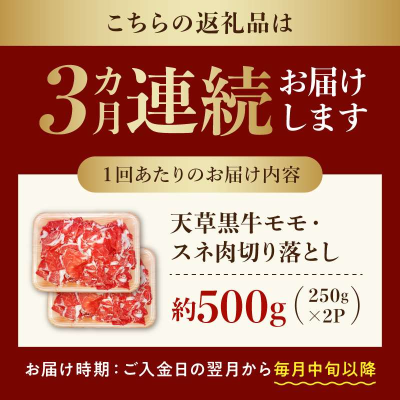 S074-016-T03_【定期便3回】天草黒牛 モモ・スネ肉 切り落とし約500g(250g×2P） 黒毛和牛 A4〜5等級