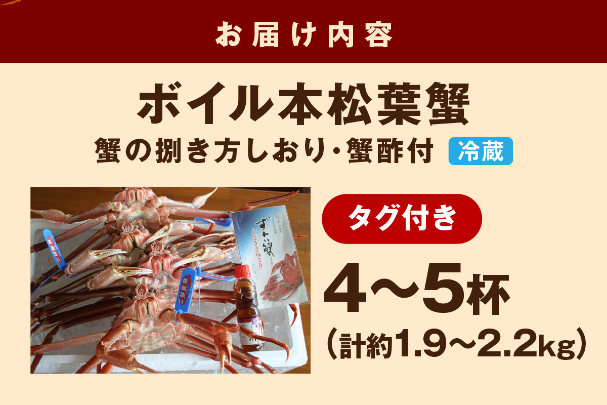 【 国産日本海の松葉蟹をボイルでお届け！ 】 【先行予約】本松葉蟹 4～5杯（タグ付き）＜12月10日～2月末までのお届け＞ 国産 魚介類 魚貝類 海の幸 カニ クリスマス 年内配送 年末年始配 【6
