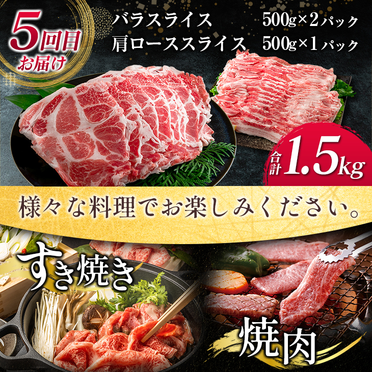 JG2-23_数量限定 5か月 お楽しみ 隔月 定期便 豚肉 大満足 セット 総重量7.5kg ポーク 国産 宮崎県産 スライス 大容量 豚ロース 豚肩ロース 豚バラ 豚しゃぶ 食品 日南市 送料無料