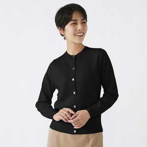 日本製 カシミヤ100% レディース クルーカーディガン ブラック 2Lサイズ