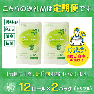 定期便 全6回 トイレットペーパー ハナタバ cocochi トリプル 3枚重ね 12ロール2パック 再生紙 ふんわり 消臭 抗菌 緑茶の香り エンボス 紙パッケージ エコ 生活用品 日用品 防災 備