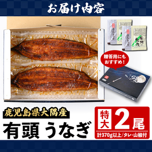 【B57005】特大うなぎ蒲焼(有頭)(2尾・計370g以上、タレ、山椒付) 鹿児島 国産 九州産 大隅産 鰻 うなぎ ウナギ 蒲焼き うな重 うな丼 ひつまぶし 丑の日 土用の丑の日 化粧箱 贈答 