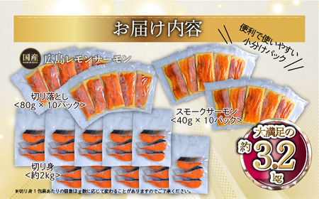 広島レモンサーモン 詰め合わせセットD 約3.2kg [切り落とし (80g×10P)+スモークサーモン (40g×10P)+切り身 (約70g×3切れ×10P)] 小分け｜国産 広島県産 冷凍 刺身