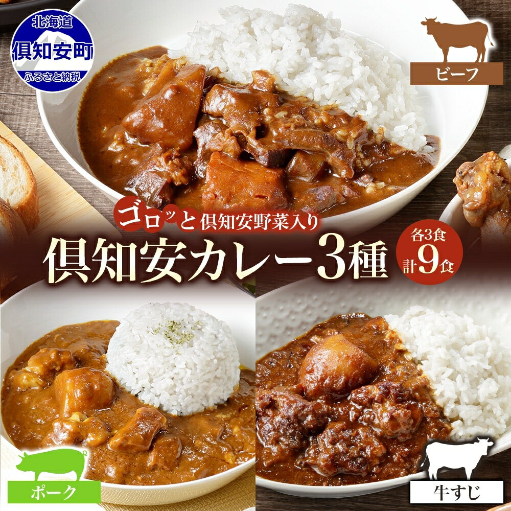 【ふるさと納税】 北海道 倶知安 カレー 3種 食べ比べ セット 計9食 ビーフカレー ポークカレー 牛すじカレー 中辛 カレーライス レトルト おかず 簡単 便利 時短 ビーフ 牛肉 ポーク 豚肉 牛すじ 野菜 じゃがいも スパイス グルメ お取り寄せ ギフト 送料無料 倶知安町