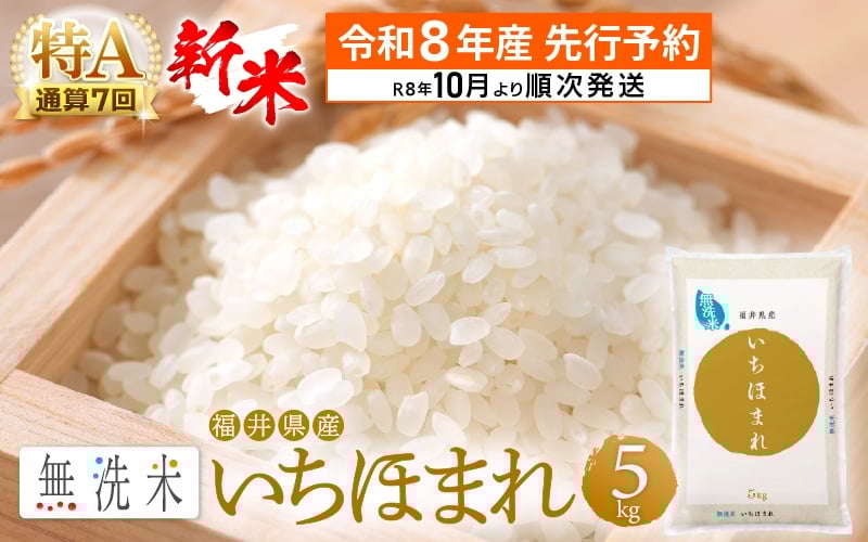 
            【新米・先行予約】令和8年産 無洗米 いちほまれ 5kg 特A 通算7回！福井県産【お米 コメ kome 5キロ 精米 白米 便利 時短】【令和8年10月より順次発送予定】 [e27-a039_10]
          