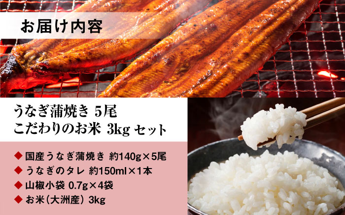 国産うなぎ！秘伝のタレで焼き上げた「うなぎ蒲焼き 5尾」 と地元生産者こだわりの「お米 3kg」 セット　愛媛県大洲市/有限会社 樽井旅館 [AGAH006]鰻 うな重 ひつまぶし 土用の丑の日 鰻重