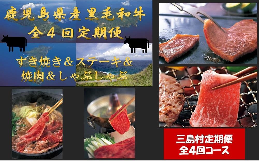 
【定期便/全4回】鹿児島県産黒毛和牛　すき焼き・ステーキ・焼肉・しゃぶしゃぶ
