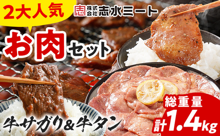 2大人気 お肉セット 肉 牛肉 牛サガリ 牛タン さがり ハラミ 牛たん 2種セット 牛サガリ400g×2／牛タン300g×2 計1.4kg 味付け肉 希少部位 旨だれ 味付け 焼き肉 焼肉 BBQ 甘口 塩レモン スライス アウトドア タン元 タン中 バーベキュー