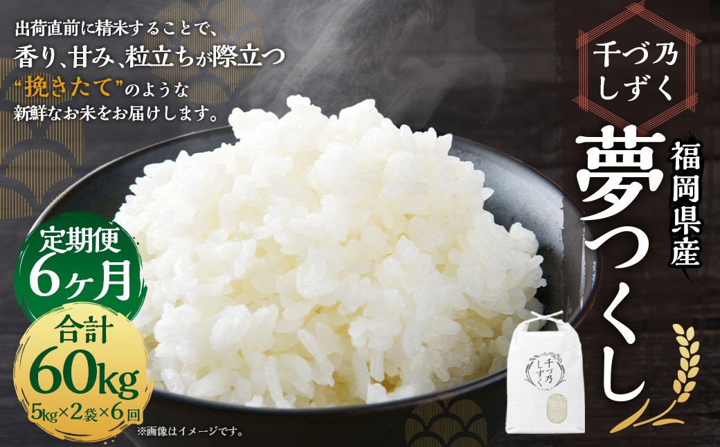
            【6ヶ月定期便】【令和7年産】福岡県産夢つくし〈千づ乃しずく〉10kg（5kg×2袋） （精米) S006  【2025年9月下旬～2026年6月上旬発送予定】 お米 米 白米
          