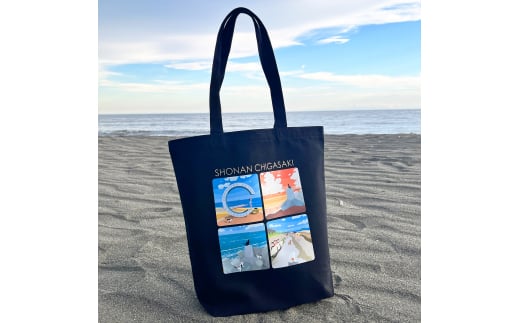 湘南・茅ヶ崎で描く、海を感じるイラストアート 『湘南ランドスケープ：トートバッグ　Mサイズ』 /風景 犬 猫 サザンC ビーチ
