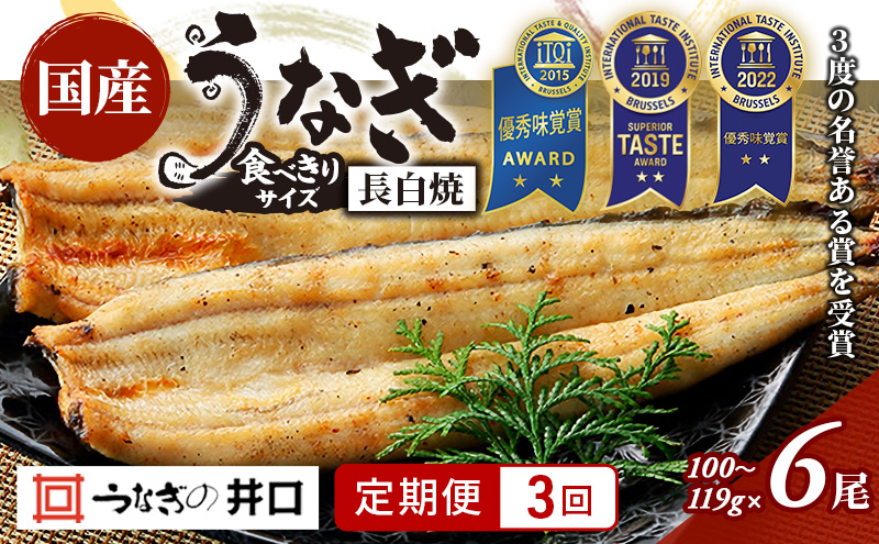 【定期便3回】国産うなぎ長白焼（100～119g）6尾セット ITI優秀味覚賞受賞 たれ・山椒・お吸物付き ウナギ 鰻 静岡 浜松市 【配送不可：離島】