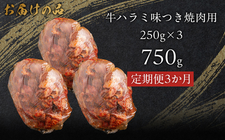 【3か月定期便】牛ハラミ味つき焼肉用 750g (250g×3) MROBM044