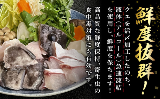 【全3回定期便】対馬産 クエ ぶつ切り 600g スープ付 ( 鍋用 )《対馬市》【島本水産】高級魚 新鮮 肉厚 本格的 海鮮 2〜3人前 鍋セット フライ 煮付け アラ モロコ アオナ [WBI00