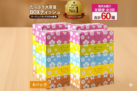 プラムファッション BOXティッシュ 5箱×4パック 合計20箱 ティッシュペーパー 定期便 毎月 全3回