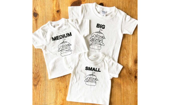 3人兄弟姉妹でおそろい/ハンバーガー SMALL×MEDIUM×BIG プリント/ Tシャツ3枚組ギフトセット【出産祝い・誕生日・ギフト・プレゼント】（80cm×100cm×120cm）