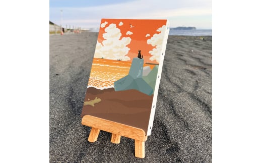 湘南・茅ヶ崎で描く、海を感じるイラストアート 『 湘南ランドスケープ09：夕暮れのサザンビーチ 』　キャンバスアートパネル（小）/絵画 風景 犬 猫