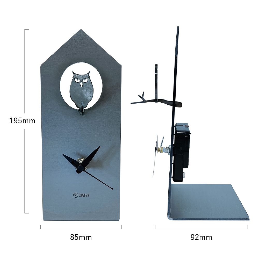 GRAVIRoN Bird Clock ミミズク 酸洗鉄（置き時計）195×85×92mm 390g 時計