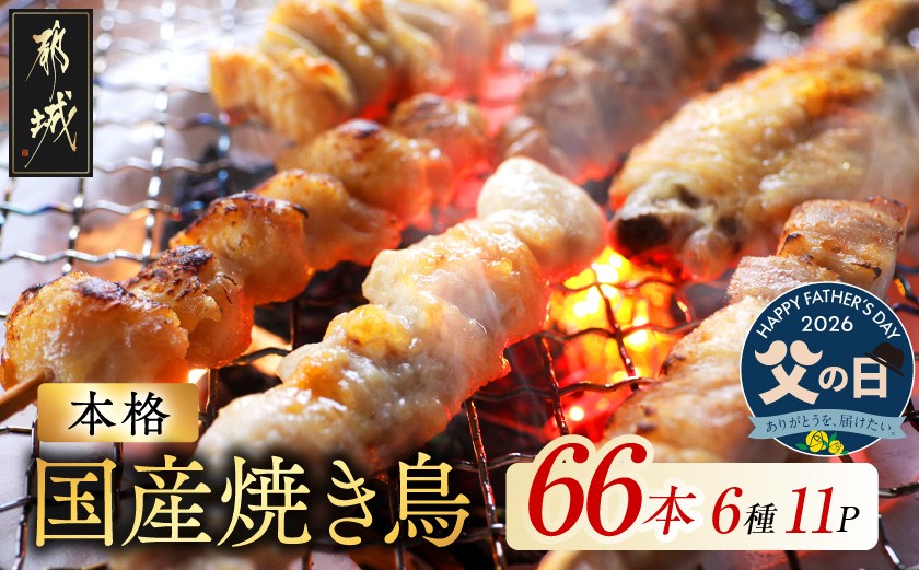 
                  【父の日】職人串打ちの本格焼き鳥66本!!≪6月18日～21日お届け≫_MJE-33-014-66-FG_(都城市) 焼鳥串 生冷凍串 冷凍生肉 もも 皮 手羽 小肉 砂肝 ぼんじり ねぎま ハラミ せせり ささみ つくね ふりそで 6本入り 11P 計2.1kg やきとり 焼き鳥 BBQ 鶏肉 国産 小分け  父の日
                