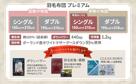 【掛け布団】羽毛掛け布団プレミアム（シングル：150㎝×210㎝）ポーランド産ホワイトマザーグースダウン95％
