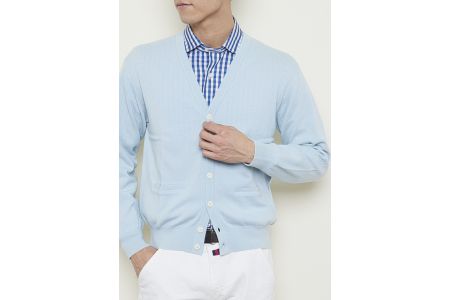 日本製 カシミヤ100% カーディガン サックス Lサイズ [2522]