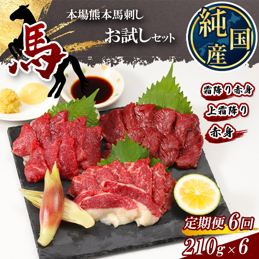 
【 定期便 6ヶ月 】 熊本 の味 純 国産 馬刺し お試し セット 210g×6回 専用 タレ付き 馬刺し 馬肉
