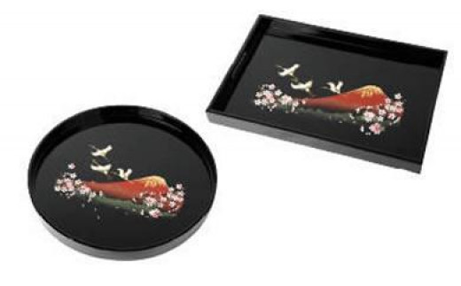 紀州漆器 長手盆 丸盆 2枚セット 富士に桜 (木製 カシュー漆塗り)［YS28］